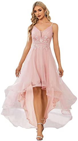 Ever-Pretty Robe de Bal de Promo Tulle Col V High Low Asymétrique Appliqué A Line Chic Rose Clair 42