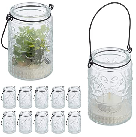 Relaxdays Windlicht, 12er Set, Glas mit Henkel, innen & außen, 10,5 x 7 cm, Hochzeit Teelichthalter, transparent/schwarz