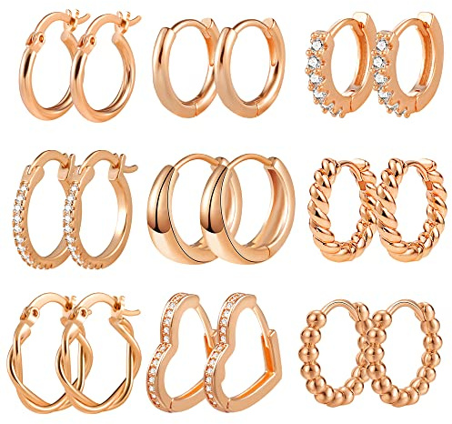 ALEXCRAFT Hoop Örhängen Set, 9 Par Multipack Roséguld Ring Örhängen Små För Kvinnor Med Zirconia Twist Hjärta Chunky Huggie Hoop Örhängen Set