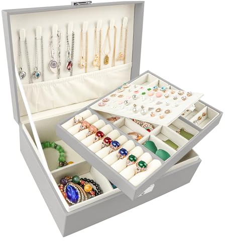 Homeanda Schmuckkästchen mit Schloss - Große Schmuckschatulle aus Leder für Damen, Schmuckbox mit 2 Ebenen (Grau)