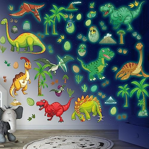 Leuchtende Dino Wandsticker, Selbstklebend - Kinderzimmer Dino Leuchtsticker Wandtattoo für Jungen - Grün