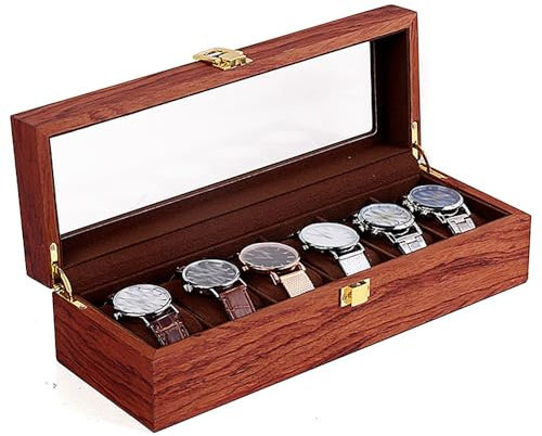 WOQLIBE Uhrenbox Holz Uhren Aufbewahrungsbox mit einem klaren transparenten Glasdeckel Watch Display Case Schmuckkoffer Uhrengehäus 6/10/12 Steckplätze (6 Steckplätze)