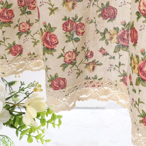 Moslovstar Rideau à étages romantique en coton et lin de style vintage pour cuisine, café, ourlet en dentelle florale élégant, 142,2 x 110 cm, beige