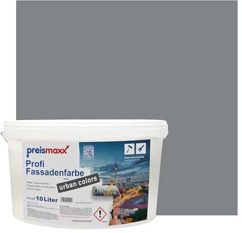 Preismaxx Profi Fassadenfarbe Grau Asphaltgrau silikonharzverstärkt 10l | Für Putz Beton, Abperleffekt, wasserabweisend, UV-beständig, hohe Deckkraft, rissfüllend, diffusionsoffen, Made in Germany,