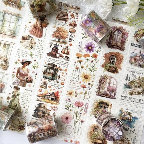 Washi Tape PET Scrapbook Zubehör Sticker 6 Rolls Coffee Blumen Sticker Aesthetic Dekoratives Washi Tape für Scrapbooking，Journaling, Bullet Journals, Planer, Kunst für Handwerk