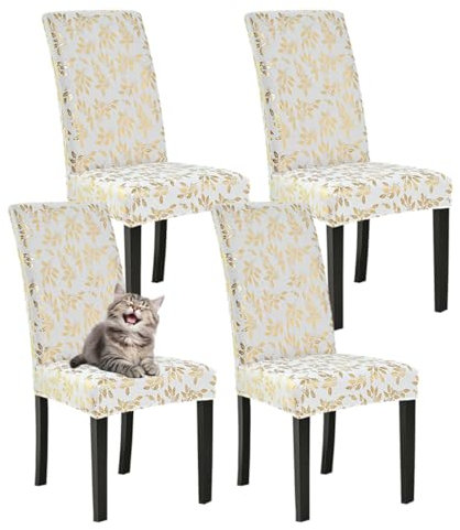 Highdi Weihnachten Stuhlhussen 1er/2er/4er/6er Set Stretch Stuhlbezug Gold Weihnachtsbaum Dekoration Stuhlüberzug Waschbar Universal für Esszimmer Hotel Bankett Weihnachtsdeko (4er Set,Weiß 1)