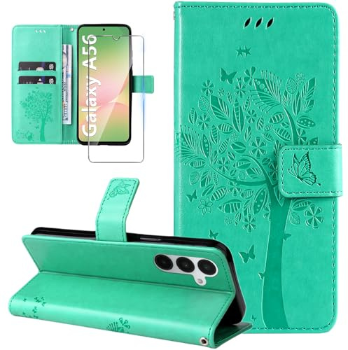 Dcjlbo Cover per Samsung Galaxy A56 5G Custodia Cover in Pelle Portafoglio a Libro con Pellicola Vetro Temperato Porta Carte Cover Flip Case Antiurto Custodia per Samsung A56 5G-Verde