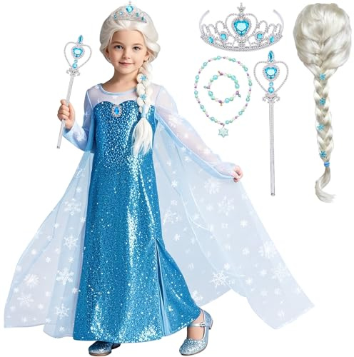 Tacobear Elsa Eiskönigin Kostüm Mädchen Elsa Kleid Kinder Prinzessin Kostüm mit Perücke Krone Zauberstab Frozen Verkleidung Faschingskostüme für Geburtstag Party Halloween Karneval(130)