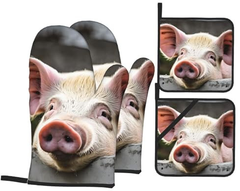 Guanti Da Forno E Presine Da Cucina Set, Cute Pig Guanti Da Forno Morbida Kit Guanti Da Forno Professionale Guanti Da Barbecue Per Cucinare Microonde Grill