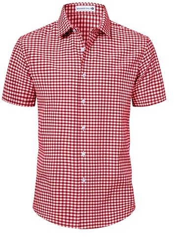 Manwan walk Mens Short Sleeve Plaid Casual Button Down Shirts Gingham Regular Fit Dress Shirts Red/White M