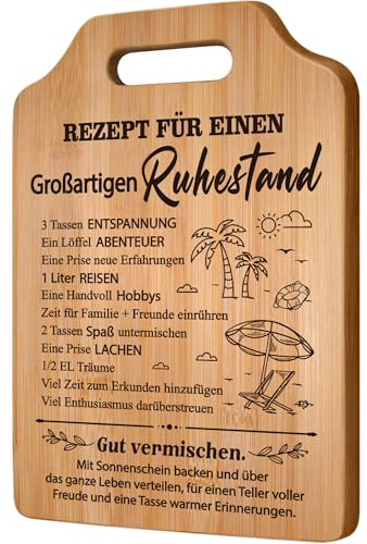 Rentner Geschenk Frau Mann, Bambus Schneidebrett mit Sprüchen | Renteneintritt Geschenk Frau Männer, Ruhestandspräsent, Abschiedsgeschenk für Kollegen, 31x 22x 0, 9 cm