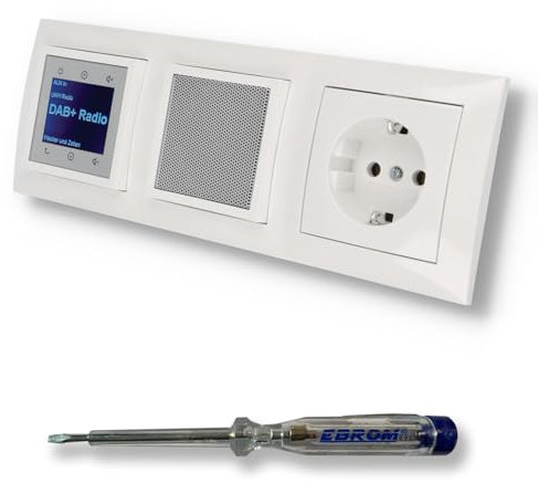 BERKER Unterputz DAB+ Radio 29848989, Lautsprecher und Steckdose mit erhöhtem Berührungsschutz 47238989 - polarweiß glänzend mit 3fach Rahmen Berker inkl. EBROM Phasenprüfer zur Montage der Geräte