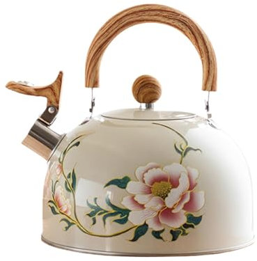 Bouilloire à thé sifflante de 3 L, théière florale vintage avec poignée, bouilloire rose vintage avec motif floral, théière en acier inoxydable pour la maison, la cuisine, la cuisinière, la pendaison