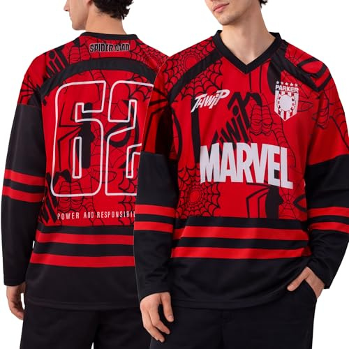 Marvel Mens Hockey Jersey - Spider-Man Punisher Mickey Mouse Long Sleeve Mesh Graphic Hockey Jerseys for Men, Size Runs Large, Size Medium, Red/Black Marvel