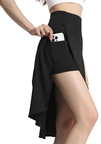 Bezioner Damkjol med shorts hög midja atletisk kjol med fickor midi-längd blommig kjol med slits volang fåll, Svart, XL