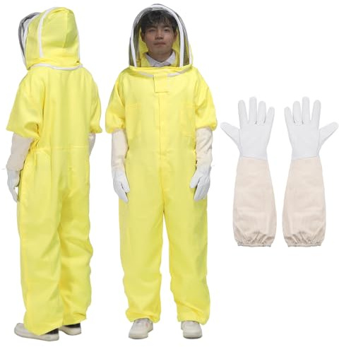 QUARKZMAN Imkeranzug Outfit mit Handschuhen und Schleierhaube Gelb | Imkeranzüge für Erwachsene Hinterhof Profi, für Männer Frauen XXL, Jacke Hose Handschuhe, Imkeranzug