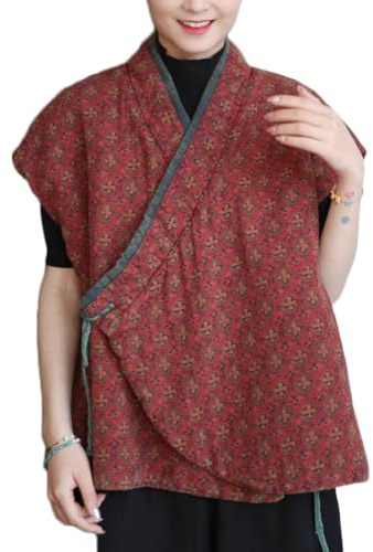 NFYM Womens Traditional Floral Quilted Vest Wrap Tie Front Lightweight Cotton Padded Gilet Outwear (US, Alpha, One Size, Regular, Regular, Cruciferous Flower)