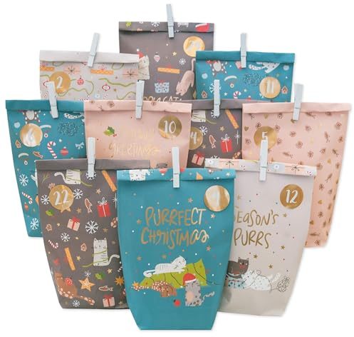 Papierdrachen Adventskalender 2025 - Katzen - zum selbst Befüllen – 24 bunte Papiertüten mit Zahlenaufklebern und Holzklammern - DIY - Weihnachten - Kinder und Erwachsene