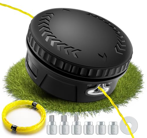 Fadenkopf für Motorsense mit Trimmerfaden,Einfaches Tap & Go System,Universal passende Fadenspule mit 6 Gewindeadapter,für die meisten Akku-Rasentrimmer und Akku-Freischneide(Schwarz)
