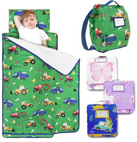 Primlect Toddler Nap Mat with Removable Pillow and Flannel Blanket, Portable Sleep Bag for Kids, Easy to Roll up, Washable, Perfect for Daycare, Preschool, Boys, 3-6 Years (Car)