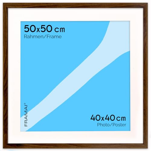 FRAMAI® Bilderrahmen 50x50 cm in Braun – mit Passepartout – MDF Holzrahmen, bruchsicheres Plexi, umweltfreundlich, mit Aufhängung & Ständer – Hochformat & Querformat