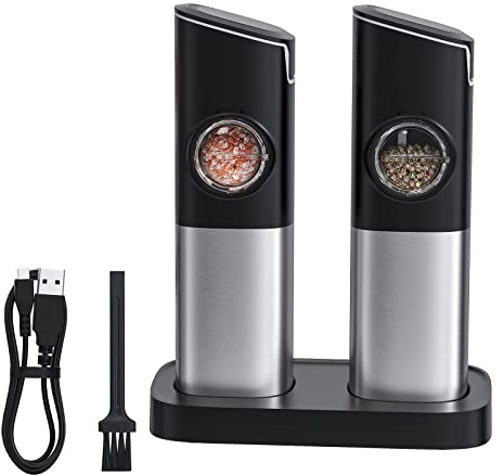 Juego de molinillo eléctrico de sal y pimienta automático con luz LED, base de carga USB y grosor ajustable, juego de molinillo eléctrico de sal y pimienta recargable con base de luz
