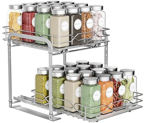 MAYZOLOP Pull-Out Spice Rack Organizer, Stainless Steel 2-Tier Height Adjustable Kitchen Cabinet Storage, Space-Saving Slide-Out Shelf Organizer for Cupboard, Spice Shelf Insert for Cabinet Interior