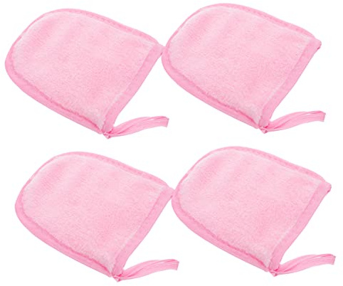 DECOMELODY 4pcs Reusable Pink Facial Cleaning Gloves Makeup Remover Puff Fiber Material Washable Simple Design Cosmetic Powder Cleansing Cloths for Daily Skincare