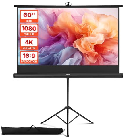VEVOR Schermo per Proiettore con Supporto, Schermo per Videoproiettore per Interni ed Esterni, 16:9 4K HD Antirughe, Portatile, con Treppiede e Borsa per Trasporto, per Film, Presentazioni in Ufficio