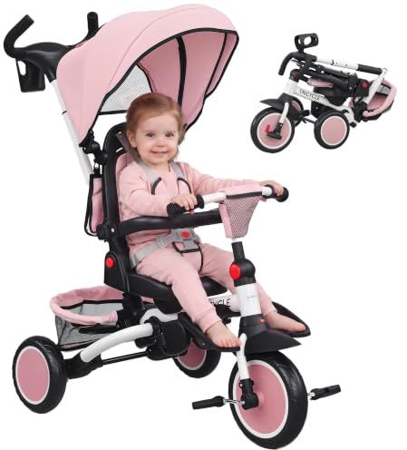 AIYAPLAY Dreirad 6in1 mit Schubstange Faltbar Korb für 1-5 Jahre Rosa | Faltbar Kinderdreirad, Drehbarer Sitz, Korb, Tasche, Getränkehalter, Klappbares Sonnendach, Sicherheitsgurt