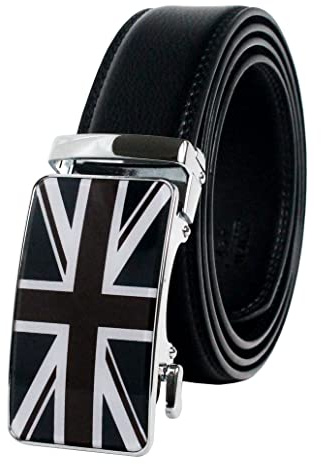 QHA Mens Ratchet Leather Belt Union Jack British Flag Automatic Buckle Q53-Black-32-36