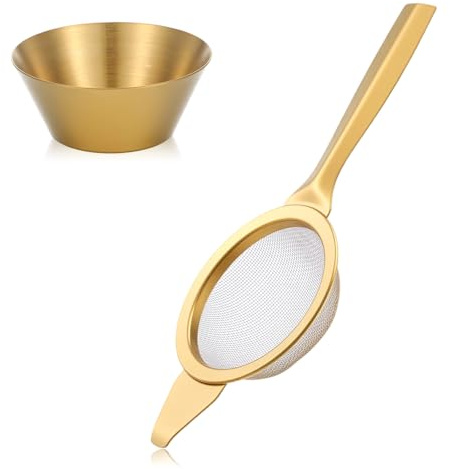 TIESOME Matcha sieb mit Tasse Aus Edelstahl, Feinmaschige Siebe 6 Cm | Mini Haushaltssieb Küchensieb with Reinforced Handle Zum Sieben, Abseihen, Abtropfen(Gold)