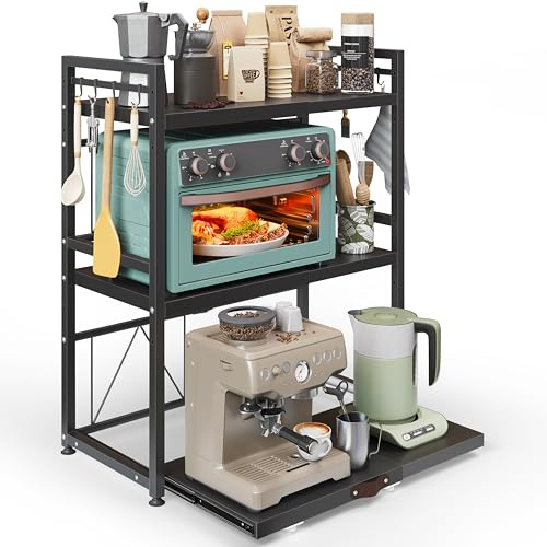 NETEL Erweiterbares Mikrowellen Regal mit schublade,Regal über Mikrowelle,Mikrowellenständer für Arbeitsplatte，küchenregal für Backofen/Kaffeemaschin,Microwave Stand mit 8 Haken,3 Stufig,Schwarz