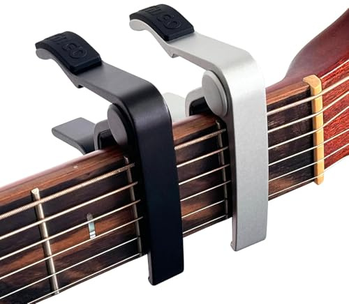 RAYAKT Gitarre Kapodaster 2 Stück + 10 Plektren für Akustikgitarre/E-Gitarre/Ukulele - Metall Kapodaster Schwarz & Silber, Schnellverschluss