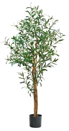 MB Muebles Bonitos, Olivo Artificial con Tronco Natural y Maceta Negra, Planta Decorativa Realista para Interior, Hojas de PE con Olivas, Altura 145 cm, Decoración Hogar y Oficina
