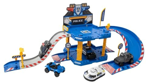 Garage de Police avec 40 pièces à Assembler - avec 1 Voiture, Rampe, Accessoires et Autocollants - Couleur Bleu