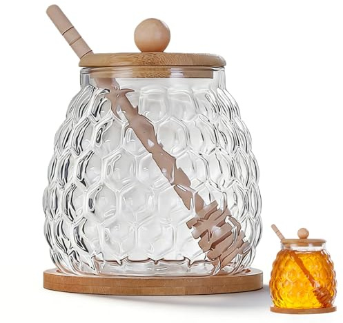 Siocok Glass Honey Pot Honey Jar with Spoon and Lid Glass Honey Equipped with wood Honey Stick And tray, For home kitchens（550ml）