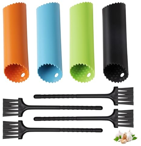 Knoblauchschäler Set, 4 Stück Garlic Peeler In Blau Grün Orange Schwarz, 4 Reinigungsbürsten, Effizientes Schälen, Ergonomisches Design, Für Privathaushalte Und Gewerbliche Küchen