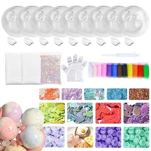 Stressball-Bastel-Set, milchige leere Hüllen, leerer Stressball-DIY-Kit, Vakuum-Quetschball mit leerer Hüllenbasis, Deckel, Kleber, 12 Farben Knete, Basteln Sie Ihre eigenen Fidget-Druckbälle zur