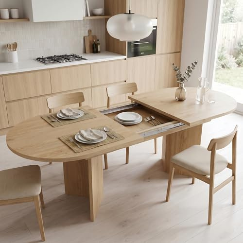 Utdragbart ovalt matbord, köksbord utdragbart 120-160Bx80Tx75.5H cm | Matrumsbord trä för 4–6 personer, förtjockad bordsskiva, integrerat förvaringsfack, för matsal, vardagsrum
