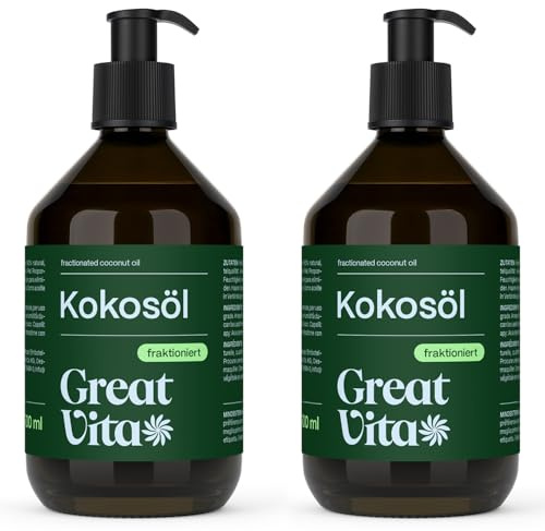 GreatVita Kokosöl fraktioniert, 2er Pack (2 x 500 ml) in Glasflasche inkl. Pumper