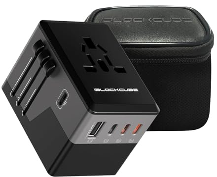 iBlockCube Worldwide Travel Plug Adapter with 2 USB (2.4A) Charging Ports, International Universal AC Socket, Dual Safety Fuse, Chip Protector for US UK EU AU Mobile Phone Tablet Laptop Gadget (Black)