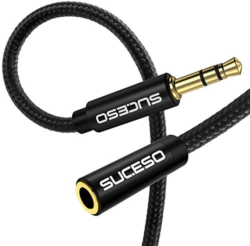SUCESO Klinke Audio Verlängerungskabel 3M Aux Kabel Nylon 3.5mm Stereo Stecker auf Buchse Audio Verlängerungskabel Headset Verlängerung mit Kopfhörer Handy Lautsprecher Tablets PC Autoradios - Schwarz
