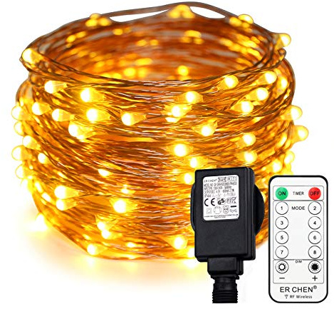 ER CHEN 10m LED Lichterkette, warmweiß 100 LEDs auf flexiblem Kupferdraht, IP44 Wasserdicht 8 Modi dimmbare Lichterketten mit Stecker und Fernbedienung Timer, Innen Außen Deko für Weihnachten Party