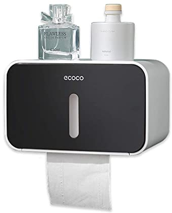 Meiyijia Toilettenpapierhalter zur Wandmontage, mit Ablage, selbstklebend ohne Bohren: Badeanlagen mit wasserdicht und Staubschutz (schwarz)