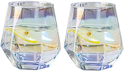 LKMY Crystal Whiskey Glass Gift Set of 2, 300ml Hexagonal Corner Tumbler Glass Set, Barware Bourbon Brandy Wine Beer Cup Tea Cup Glasses (Yellow)