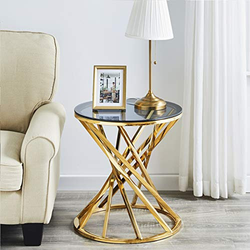 JYMTOM Beistelltisch Runder Glas Couchtisch Sofatisch Edelstahl Kaffeetisch Schreibtischmöbel Teetisch aus gehärtetem Glas für Wohnzimmer Schlafzimmer, 50 cm rund Gold (Gold)