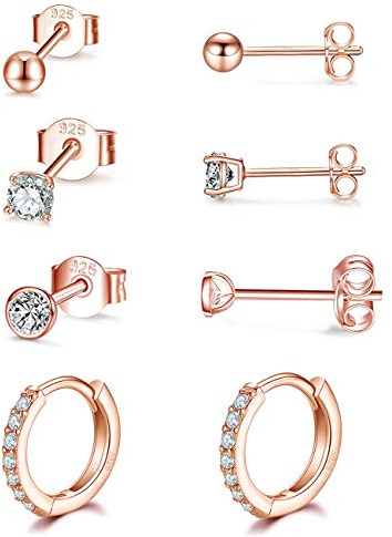 GULICX Ohrstecker Creolen Silber 925 Ohrringe Set, 925 Sterling Silber Ohrstecker & Creolen Ohrringe Set, 4 Paare Rose Gold Klein Schlafen Ohrringe Sets für Damen