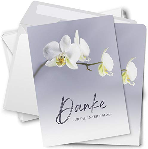 Einladungskarten Manufaktur Hamburg Trauer Danksagungskarten mit Umschlag | Motiv: Orchidee weiß, 10 Stück | Dankeskarten Din A6 Set | Trauerkarten Danksagung Danke sagen