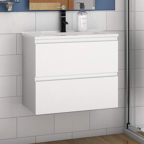 Aica Sanitär Waschtisch mit Unterschrank 60 cm Badmöbel Set mit Waschbecken Keramik dünn Gäste WC Weiß Matt